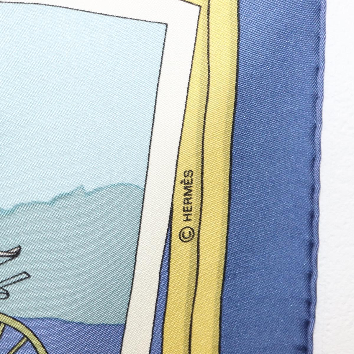 HERMES Carre 90 Scarf Silk ""Mail Coach"" Blue Auth bs30298