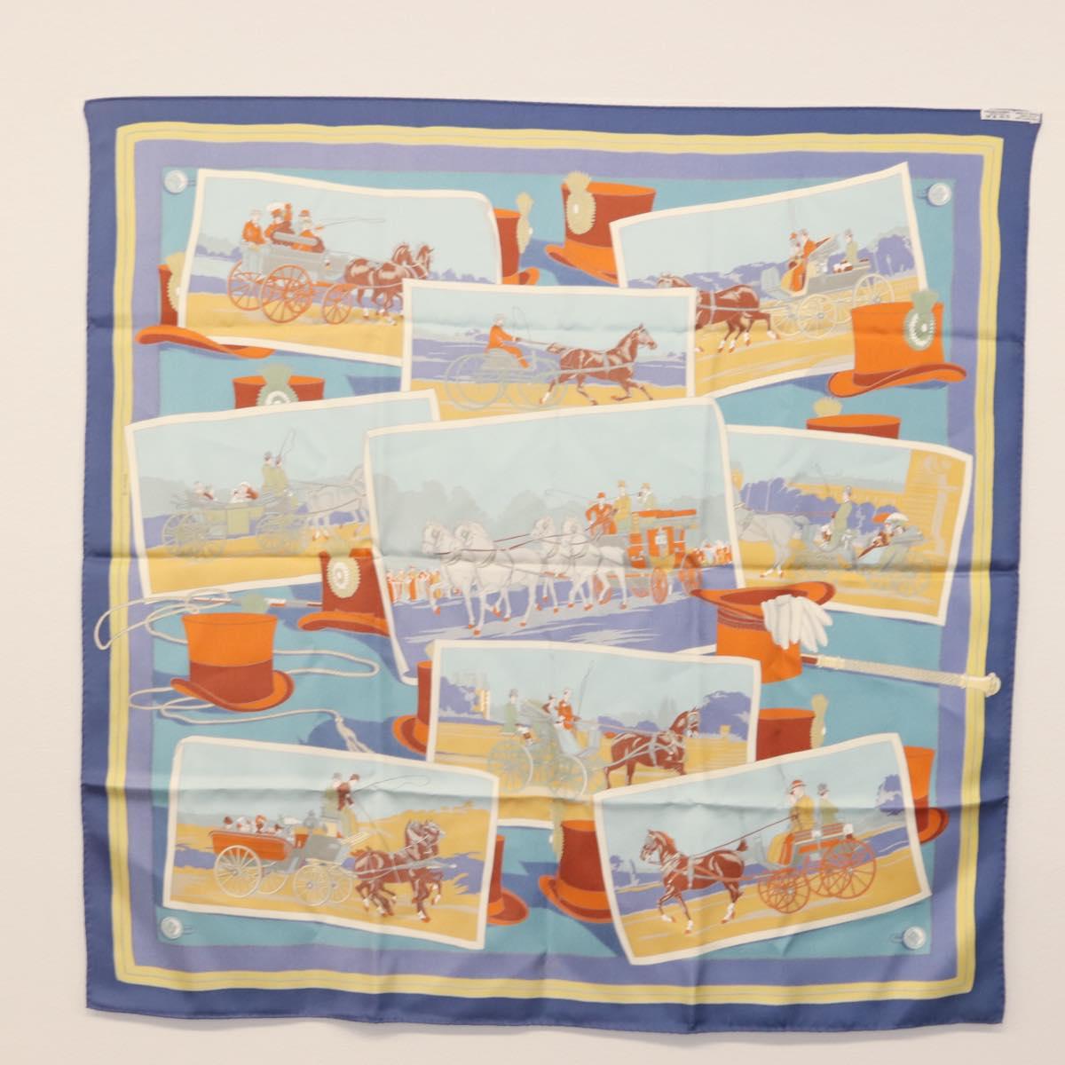 HERMES Carre 90 Scarf Silk ""Mail Coach"" Blue Auth bs30298