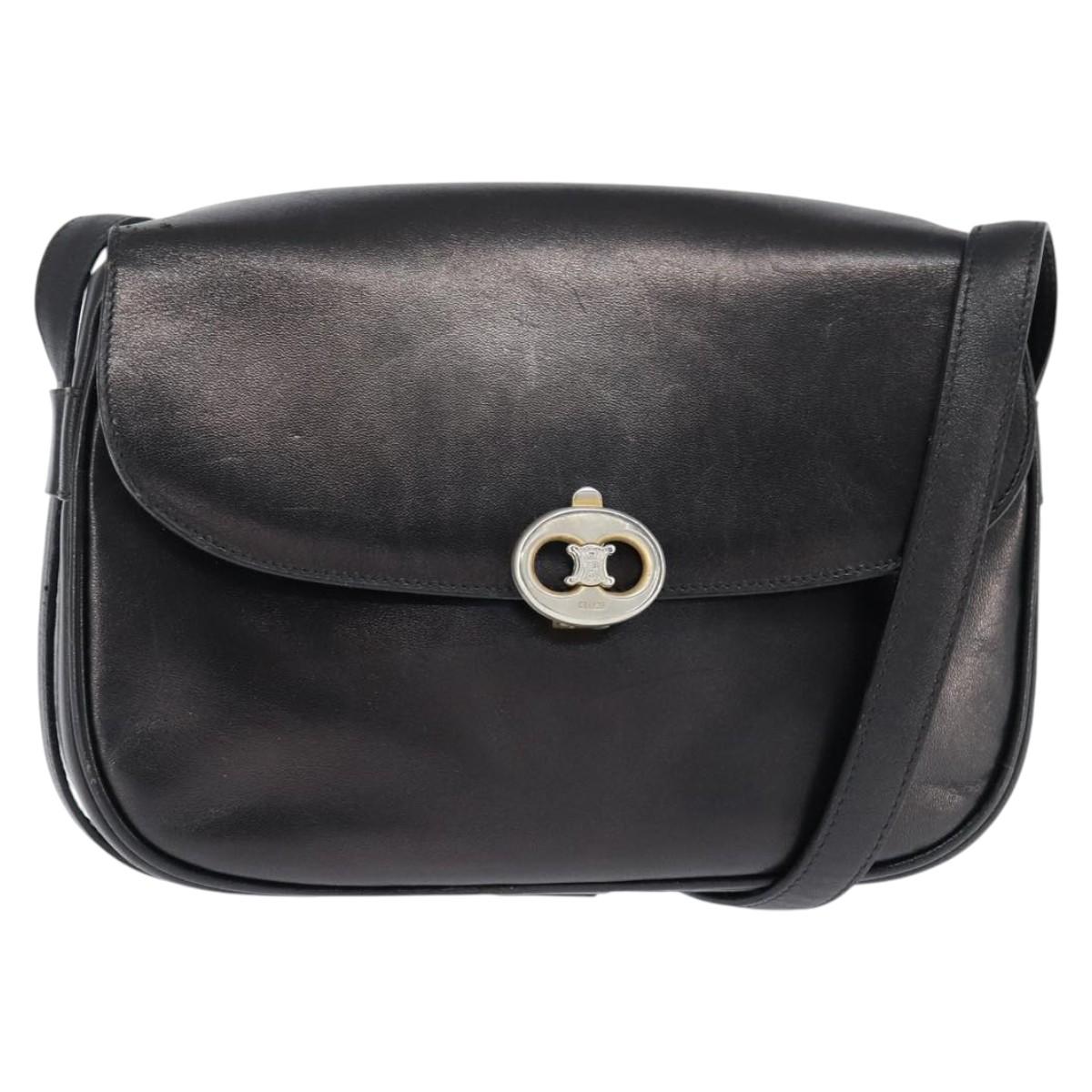 CELINE Shoulder Bag Leather Black Gold Auth bs30310
