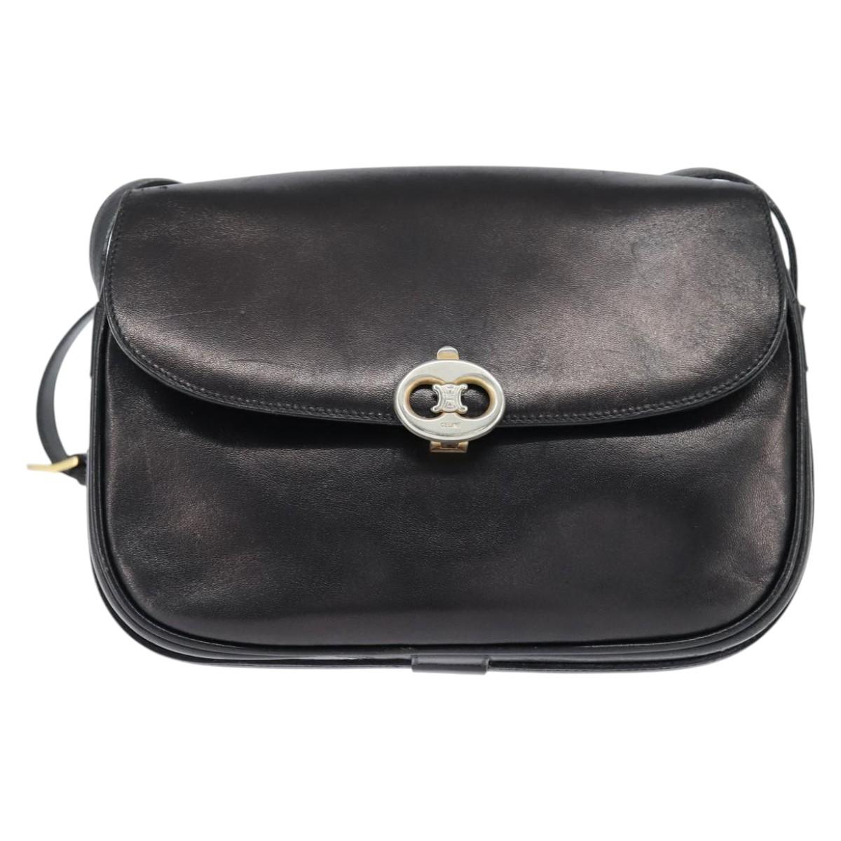 CELINE Shoulder Bag Leather Black Gold Auth bs30310