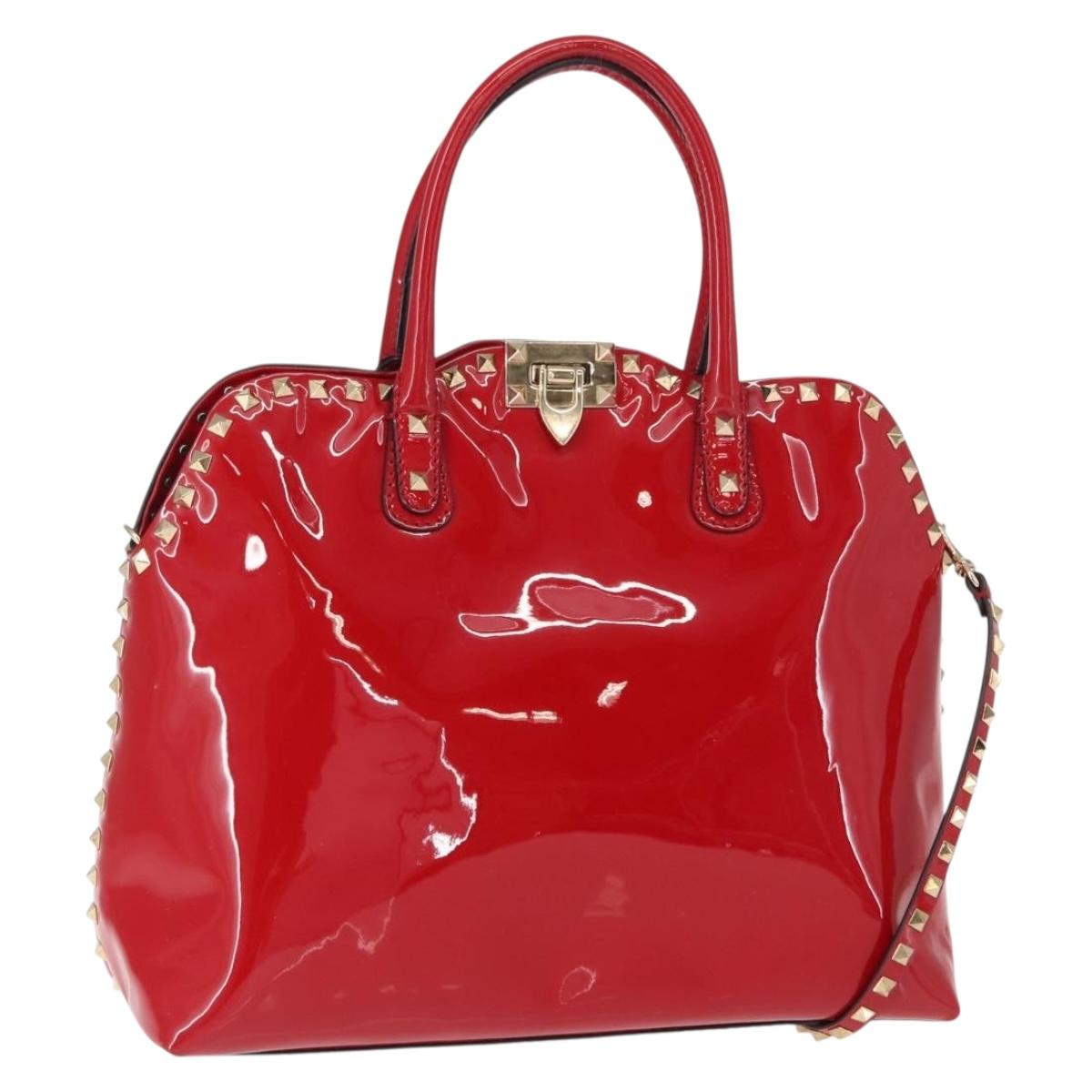 VALENTINO Rock Studs Hand Bag Patent leather 2way Red Gold Auth bs30313