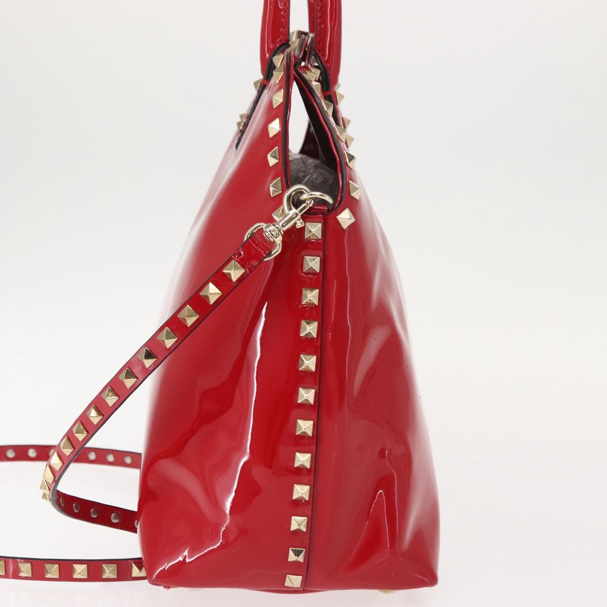VALENTINO Rock Studs Hand Bag Patent leather 2way Red Gold Auth bs30313
