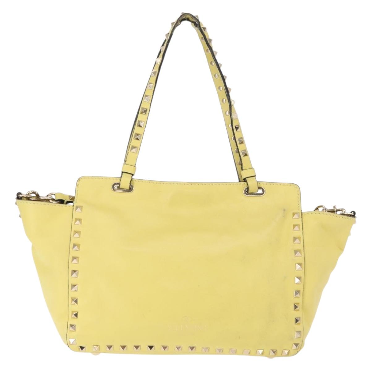 VALENTINO Rock Studs Hand Bag Leather 2way Yellow Gold Auth bs30314