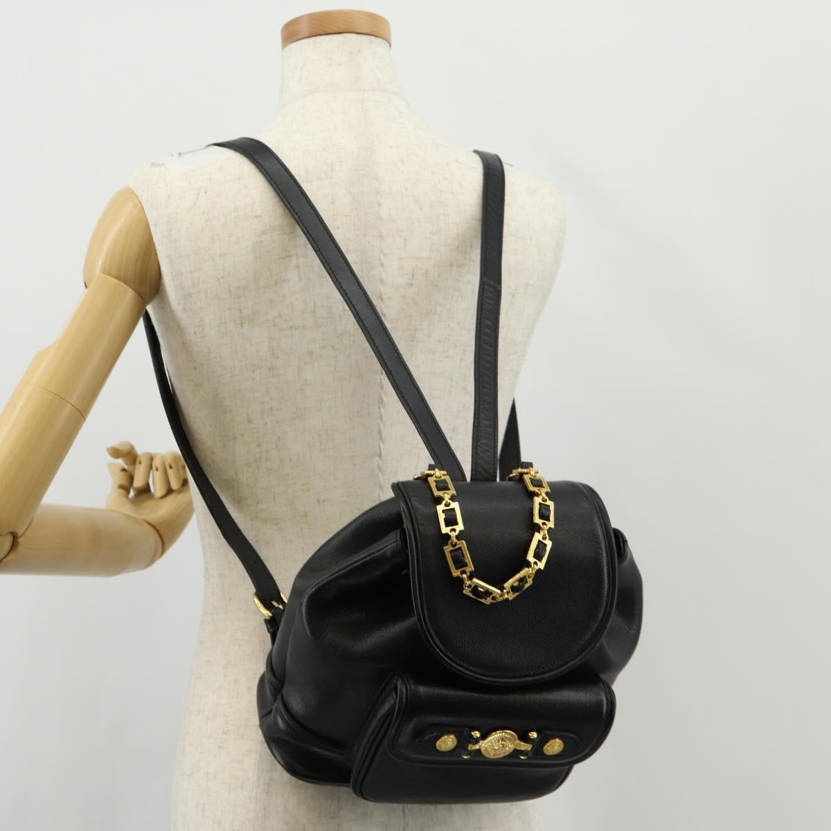 Gianni Versace Sunburst Backpack Leather Black Gold Auth bs30337