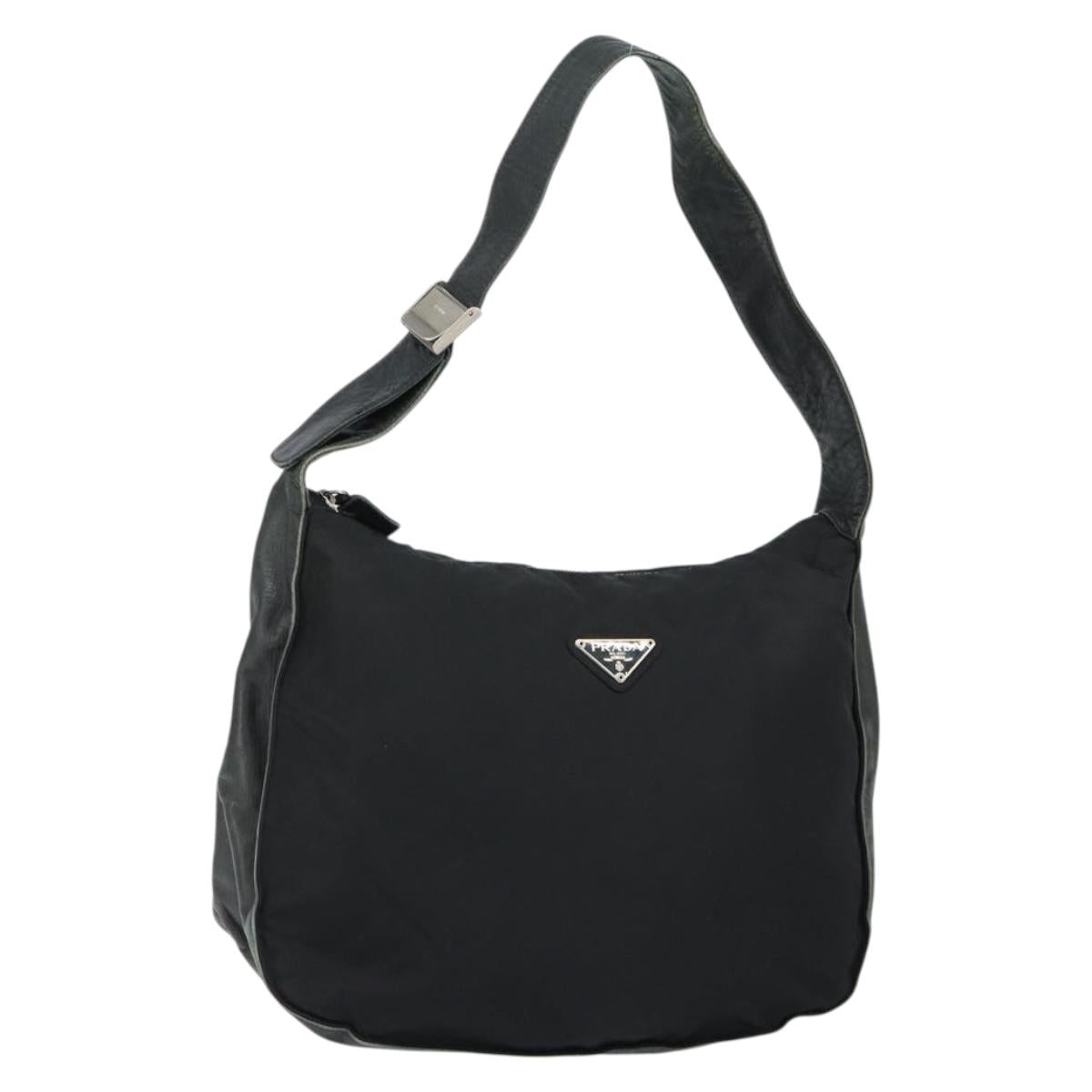 PRADA Shoulder Bag Nylon Leather Black Silver Auth bs30342