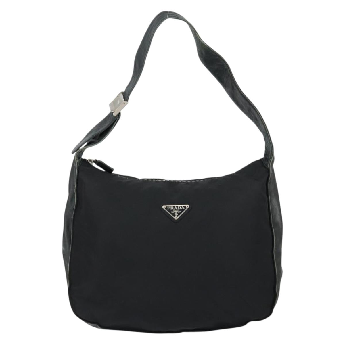 PRADA Shoulder Bag Nylon Leather Black Silver Auth bs30342