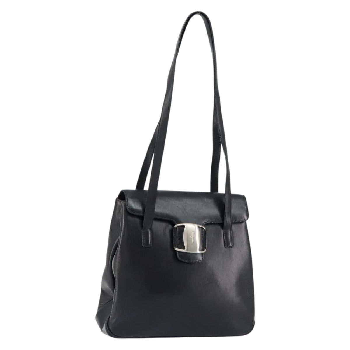 Salvatore Ferragamo Vala Tote Bag Leather Black Silver Auth bs30363