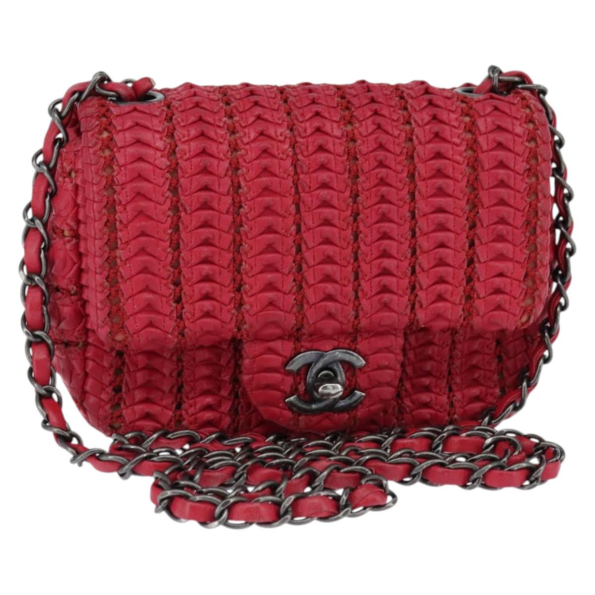 CHANEL Cloche Turn Lock Chain Flap Bag Lamb Skin Red Silver CC Auth bs30375