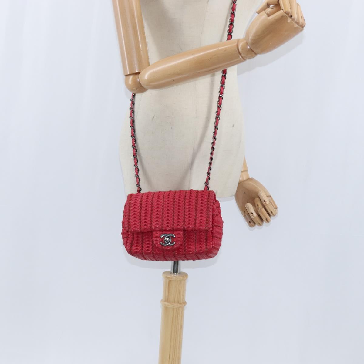 CHANEL Cloche Turn Lock Chain Flap Bag Lamb Skin Red Silver CC Auth bs30375