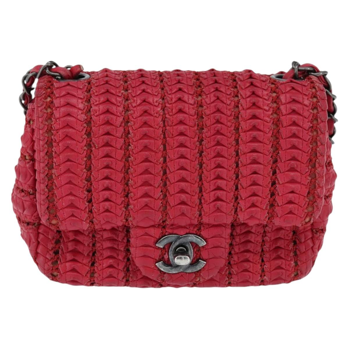 CHANEL Cloche Turn Lock Chain Flap Bag Lamb Skin Red Silver CC Auth bs30375
