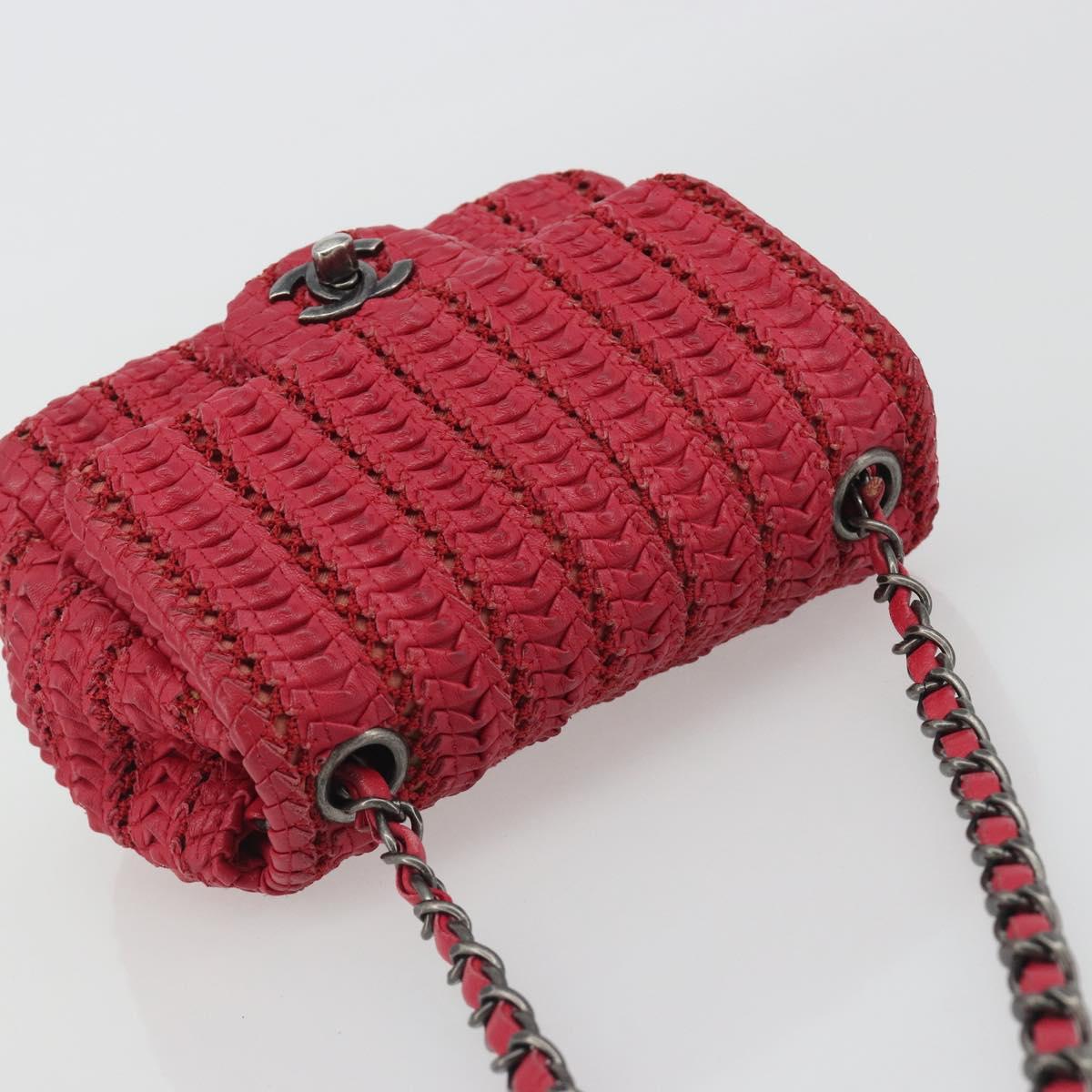 CHANEL Cloche Turn Lock Chain Flap Bag Lamb Skin Red Silver CC Auth bs30375