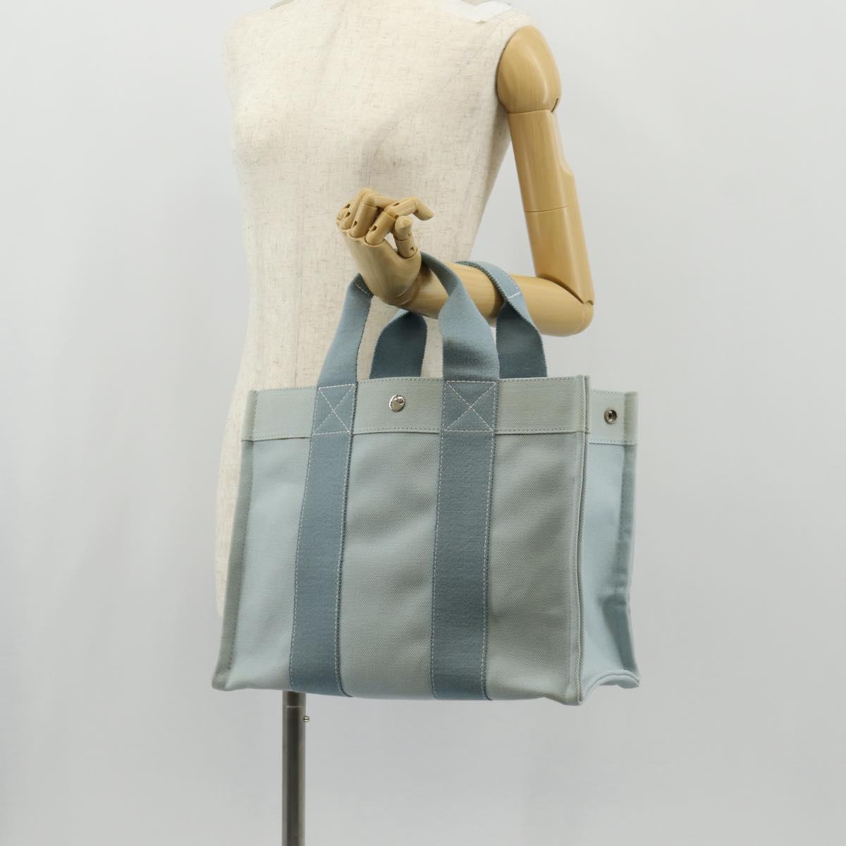 HERMES Bora Bora PM Tote Bag Canvas Light Blue Silver Auth bs30377