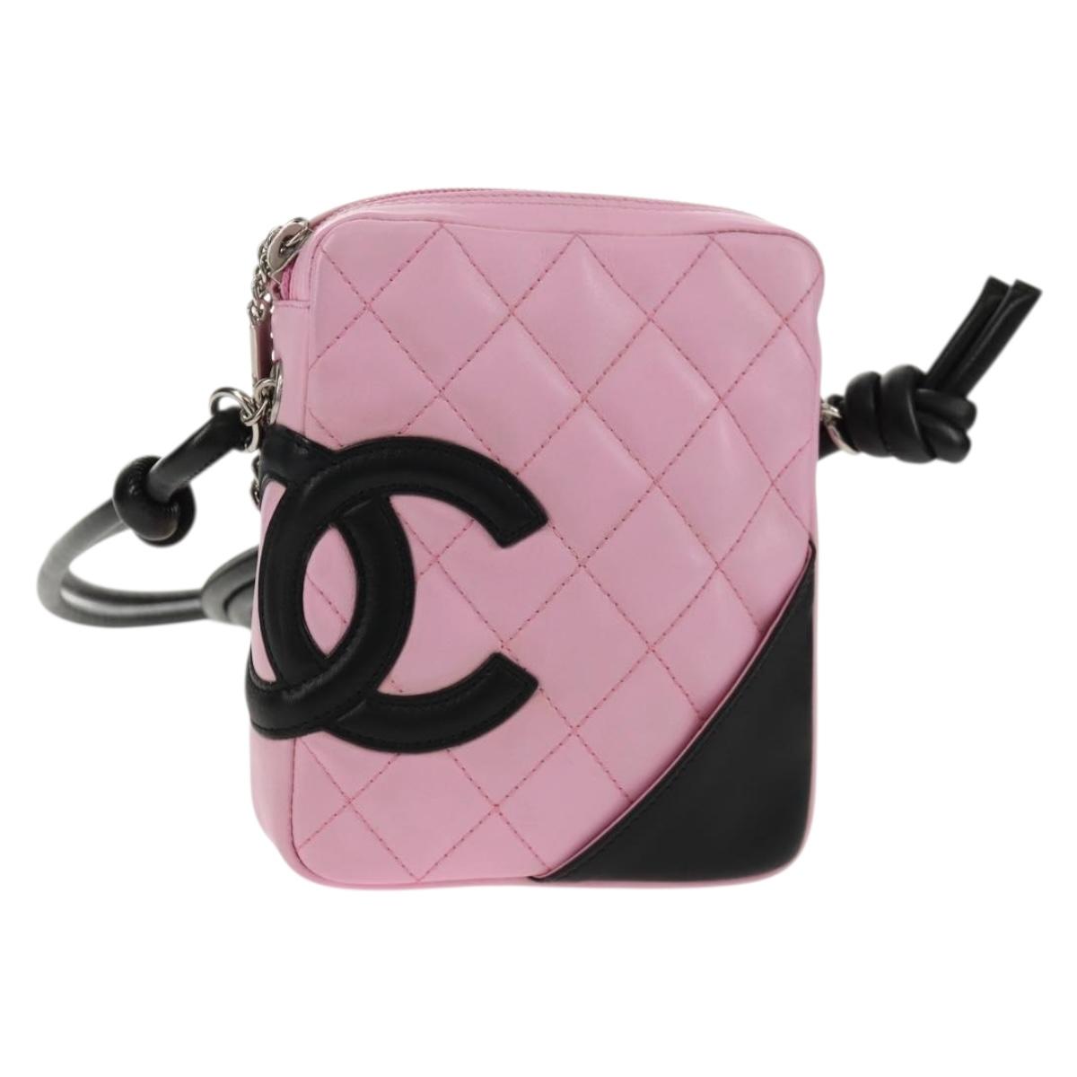 CHANEL Cambon Line Shoulder Bag Leather Pink Black Silver CC Auth bs30393V