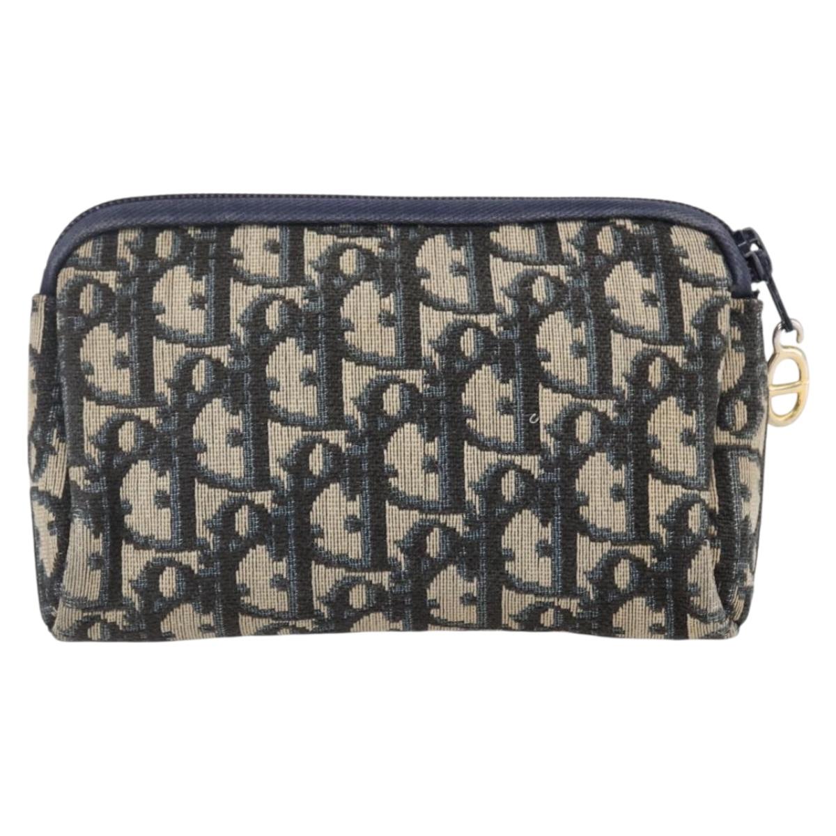 Christian Dior Trotter Canvas Pouch Navy Gold Auth bs30397