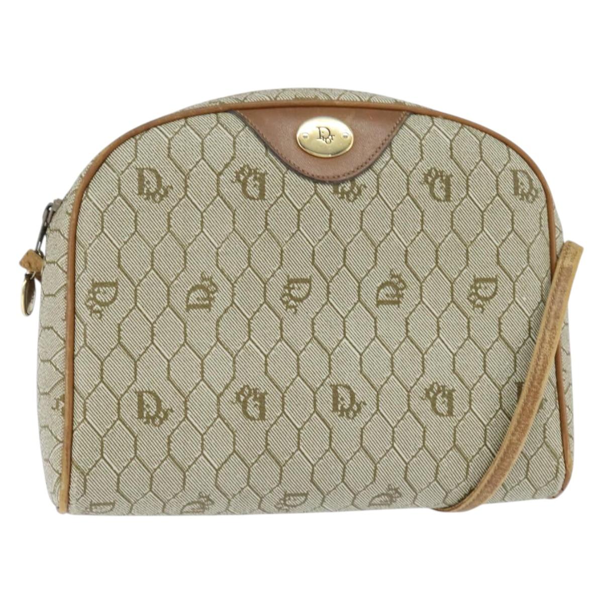 Christian Dior Honeycomb Canvas Shoulder Bag PVC Leather Beige Auth bs30408