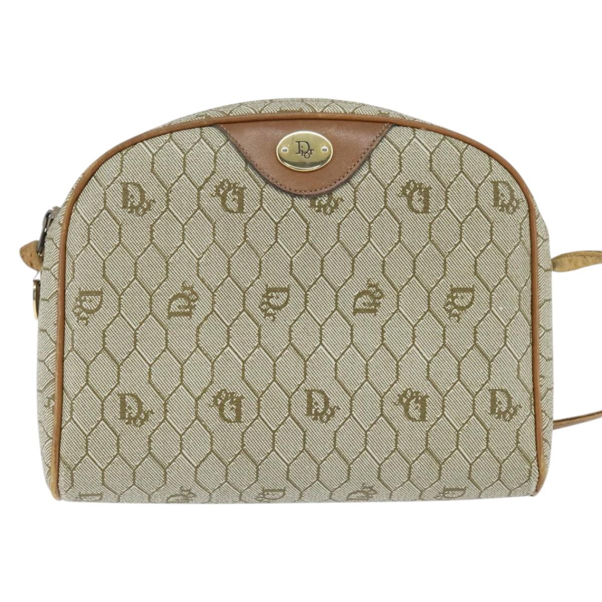 Christian Dior Honeycomb Canvas Shoulder Bag PVC Leather Beige Auth bs30408