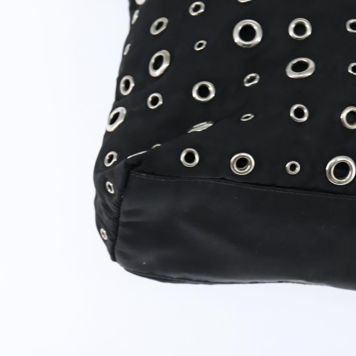 PRADA Grommet Tote Bag Nylon Black Silver Auth bs30430
