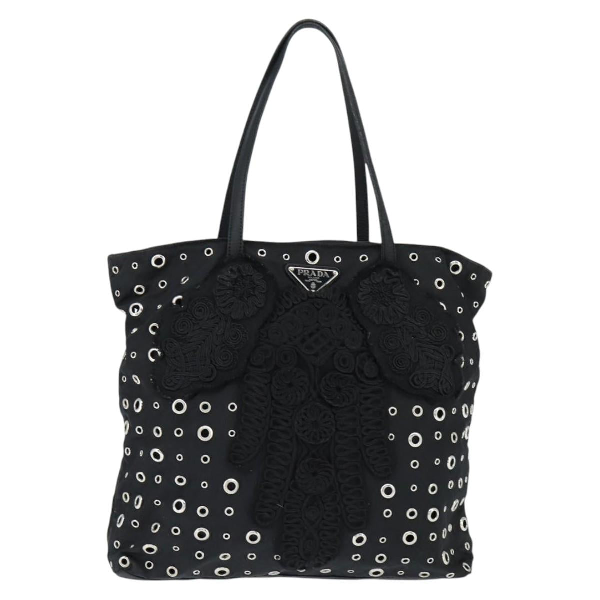 PRADA Grommet Tote Bag Nylon Black Silver Auth bs30430
