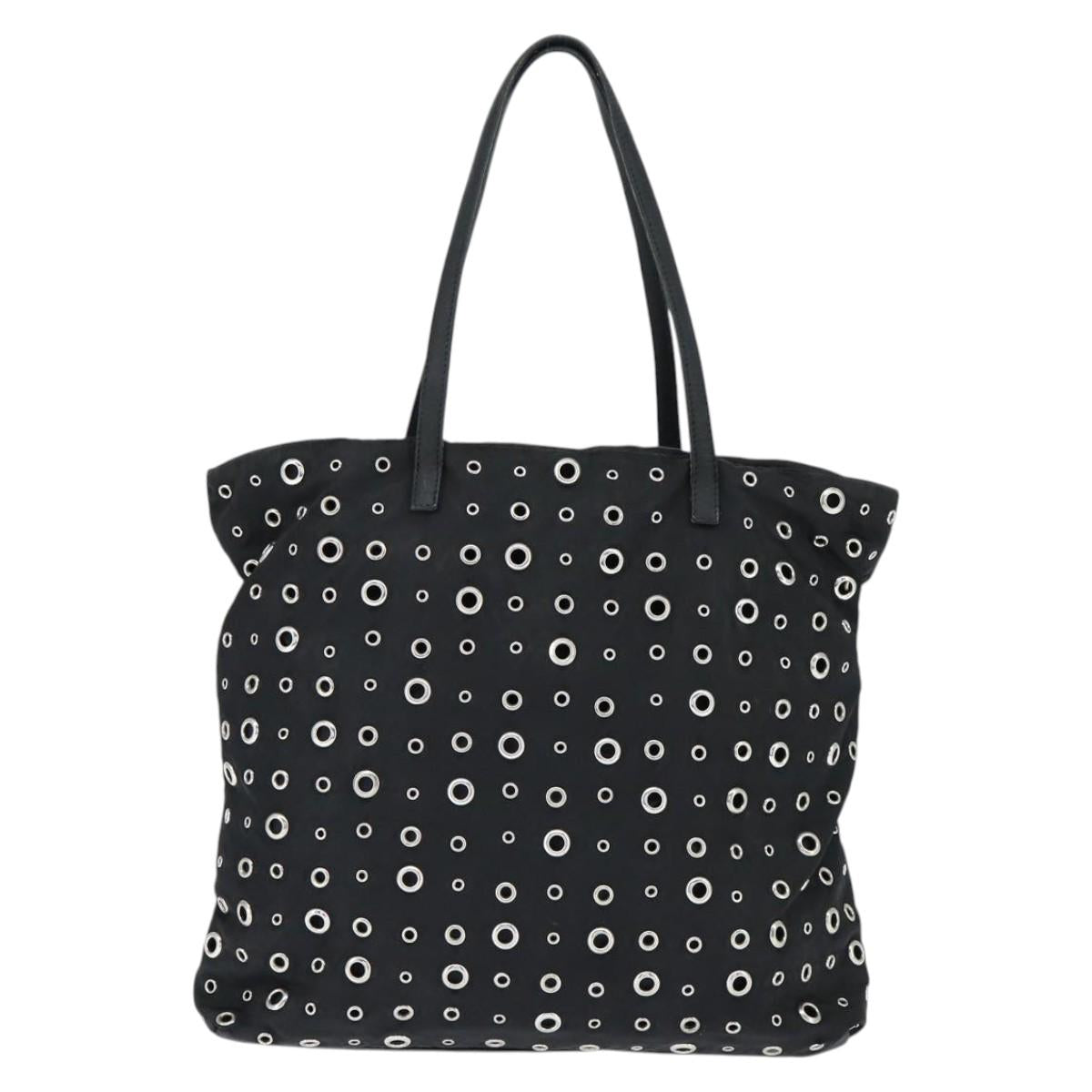PRADA Grommet Tote Bag Nylon Black Silver Auth bs30430