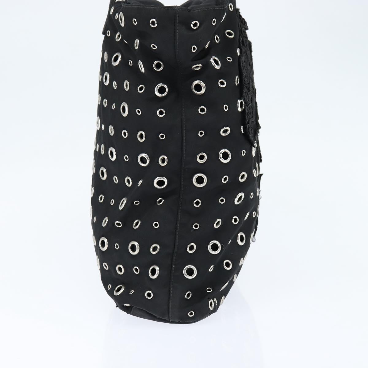 PRADA Grommet Tote Bag Nylon Black Silver Auth bs30430