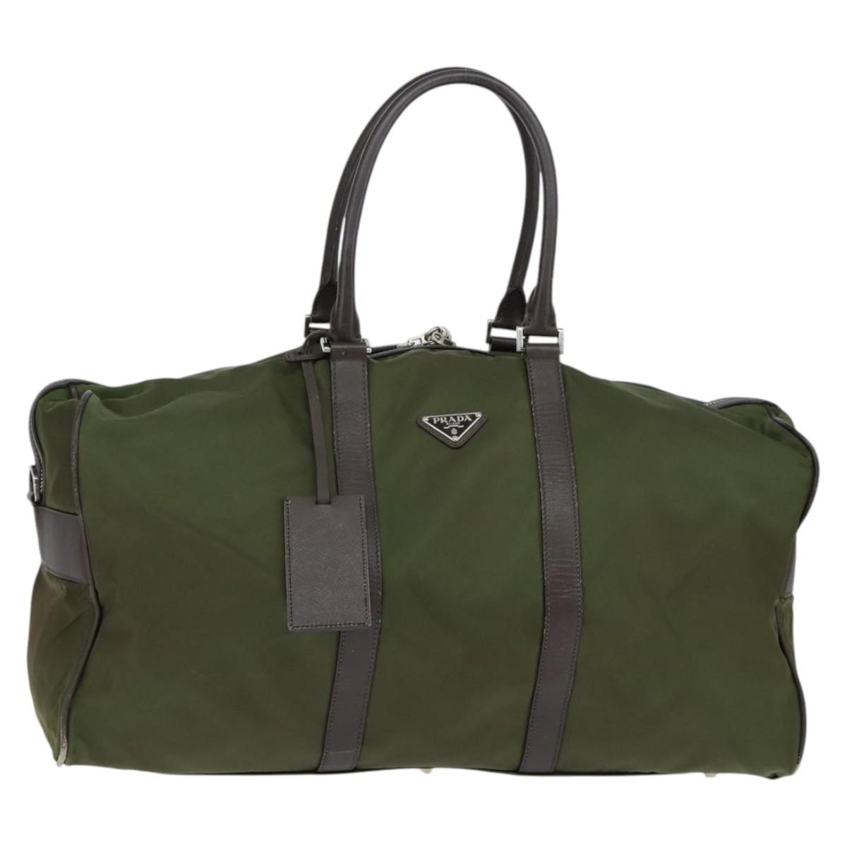 PRADA Boston Bag Nylon Leather Khaki Silver Auth bs30433