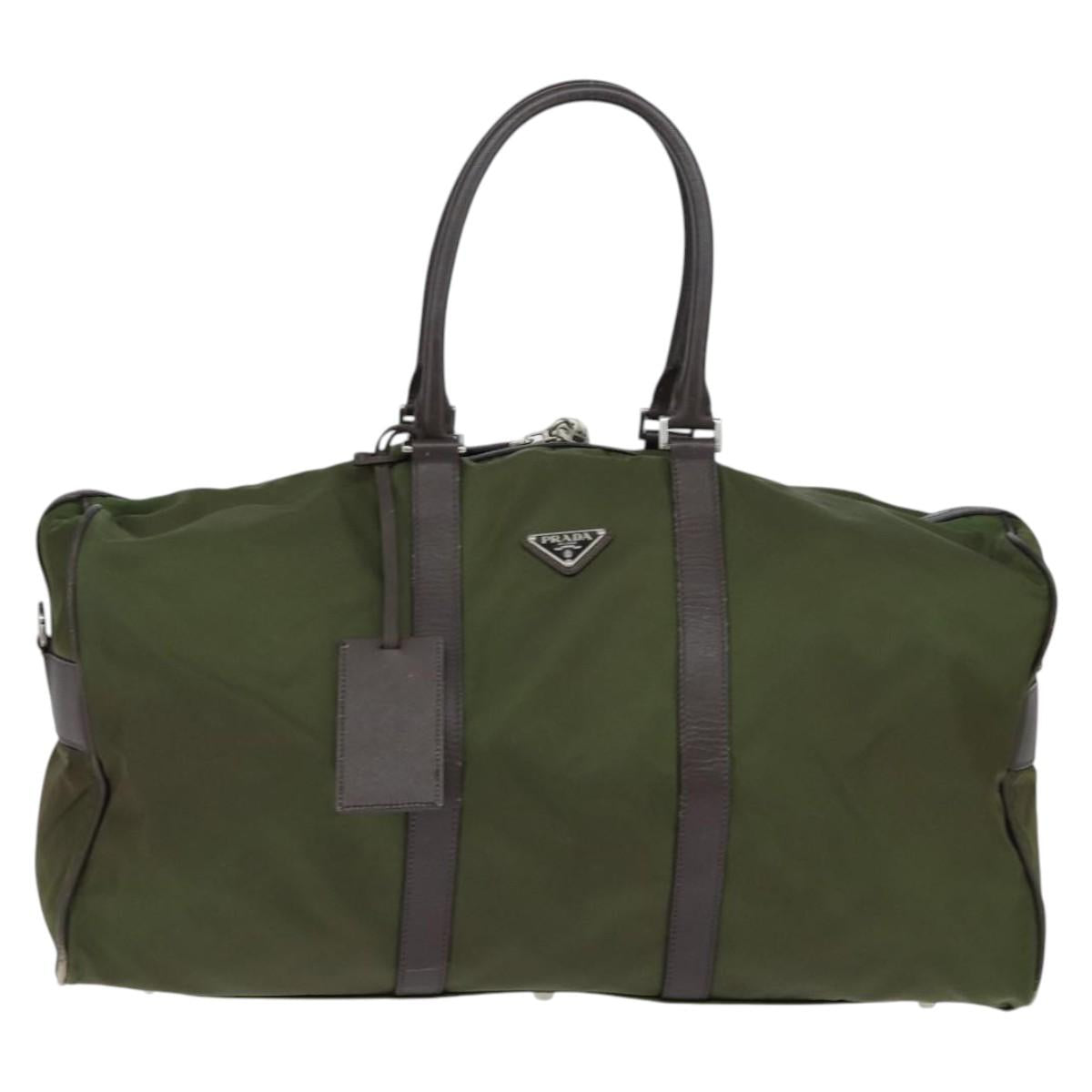PRADA Boston Bag Nylon Leather Khaki Silver Auth bs30433