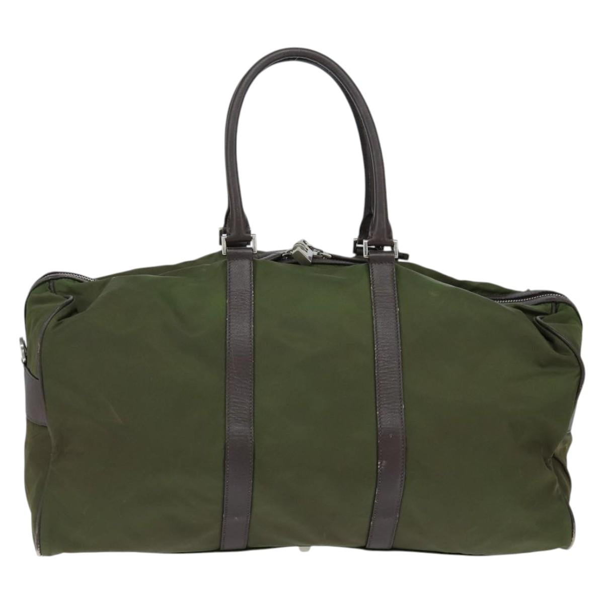 PRADA Boston Bag Nylon Leather Khaki Silver Auth bs30433