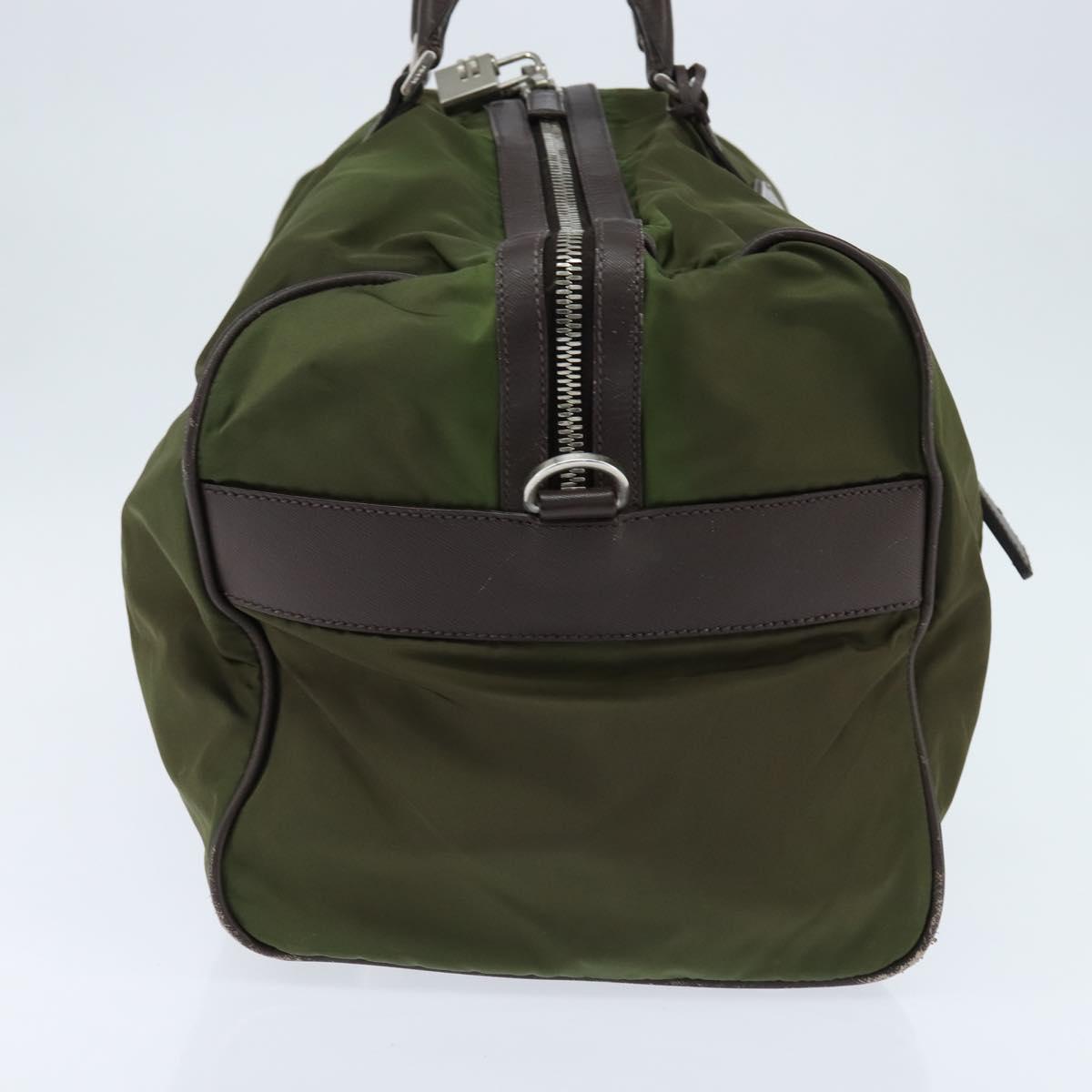 PRADA Boston Bag Nylon Leather Khaki Silver Auth bs30433