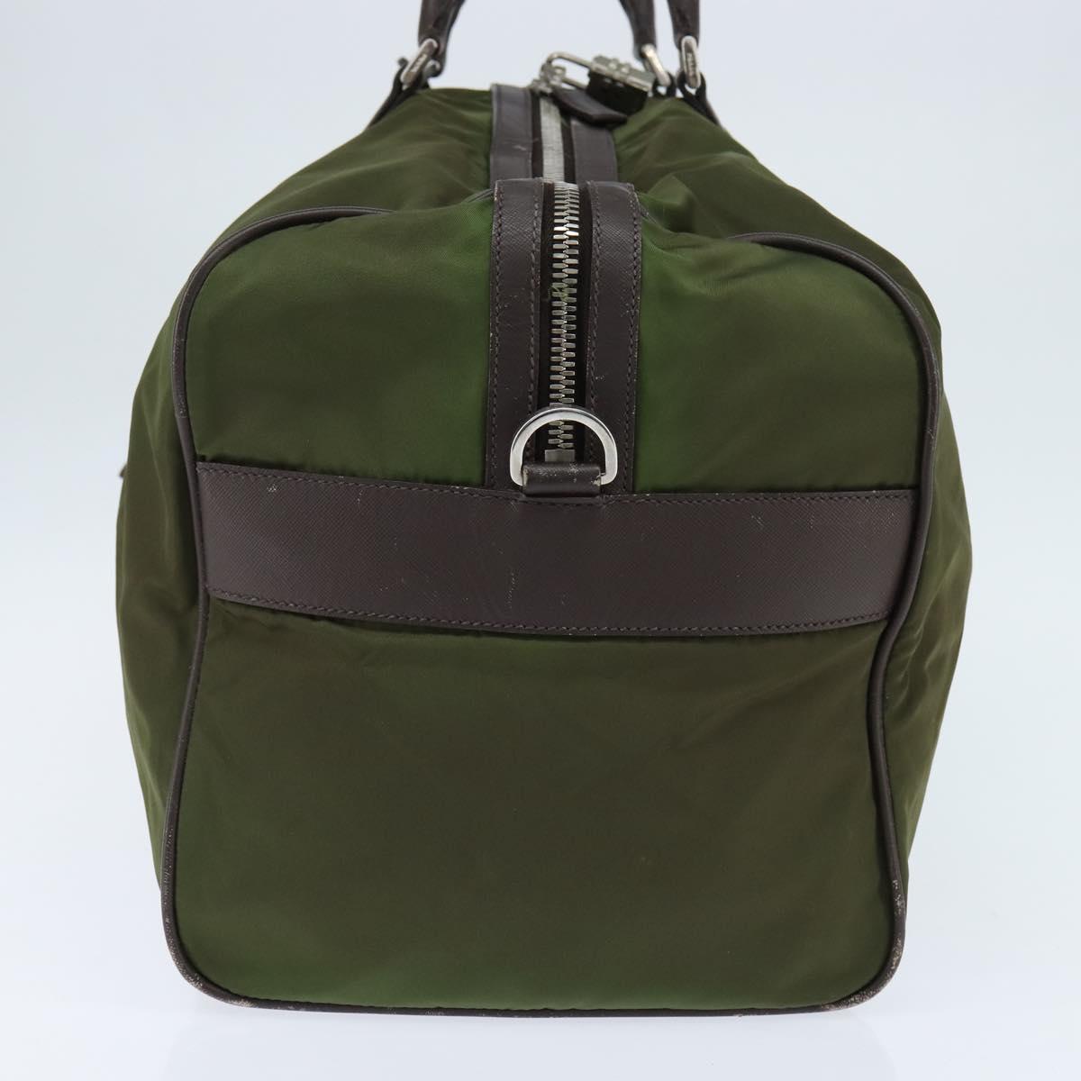 PRADA Boston Bag Nylon Leather Khaki Silver Auth bs30433