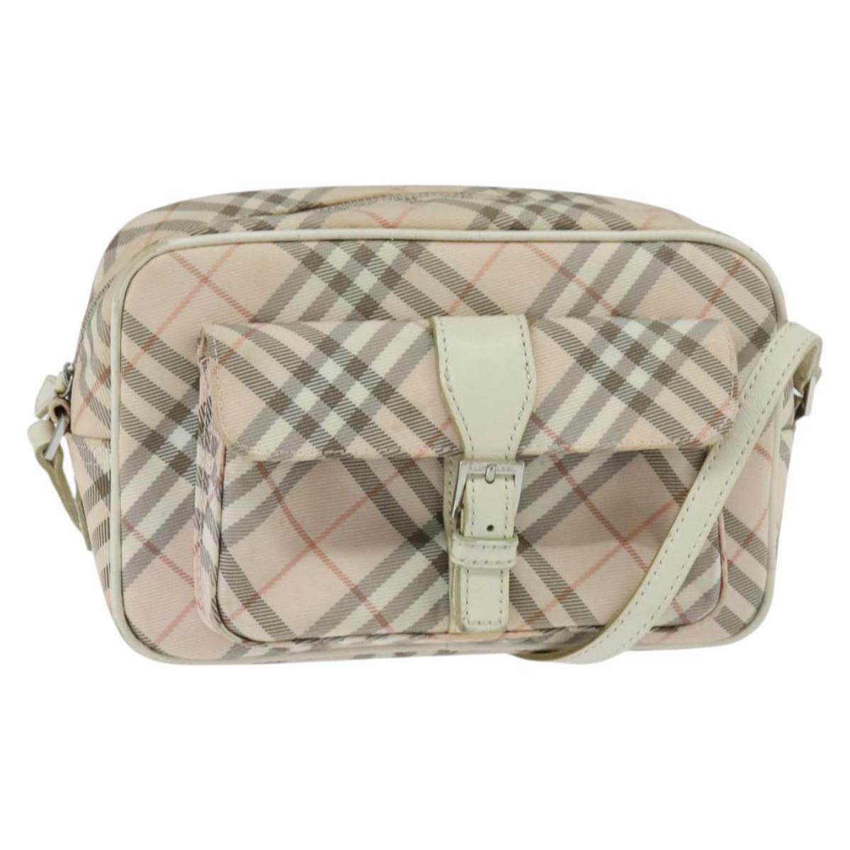BURBERRY Nova Check Blue Label Shoulder Bag Canvas Beige Silver Auth bs30440