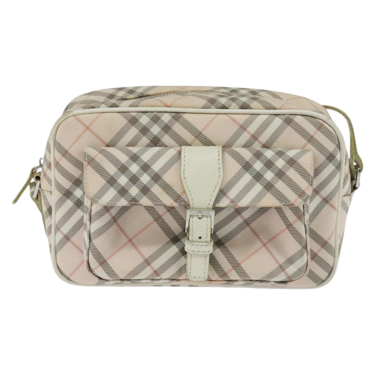 BURBERRY Nova Check Blue Label Shoulder Bag Canvas Beige Silver Auth bs30440
