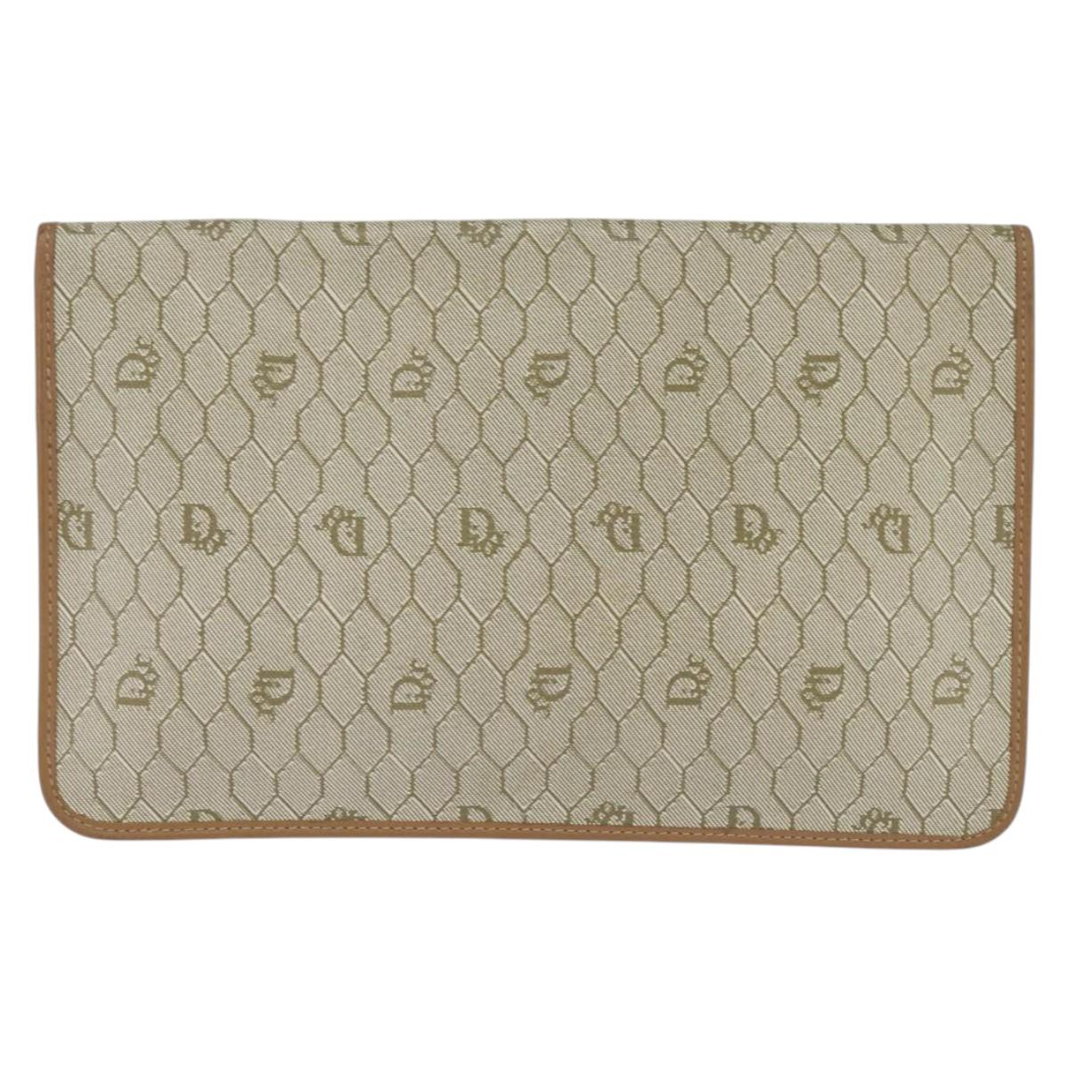 Christian Dior Honeycomb Canvas Clutch Bag PVC Beige Gold Auth bs30459