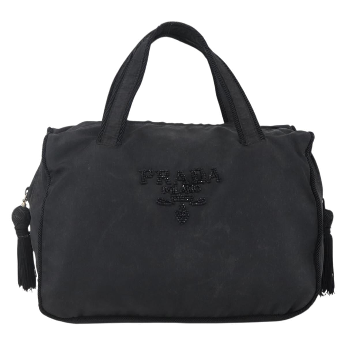 PRADA Beads Fringe Tote Bag Nylon Black Silver Auth bs30470