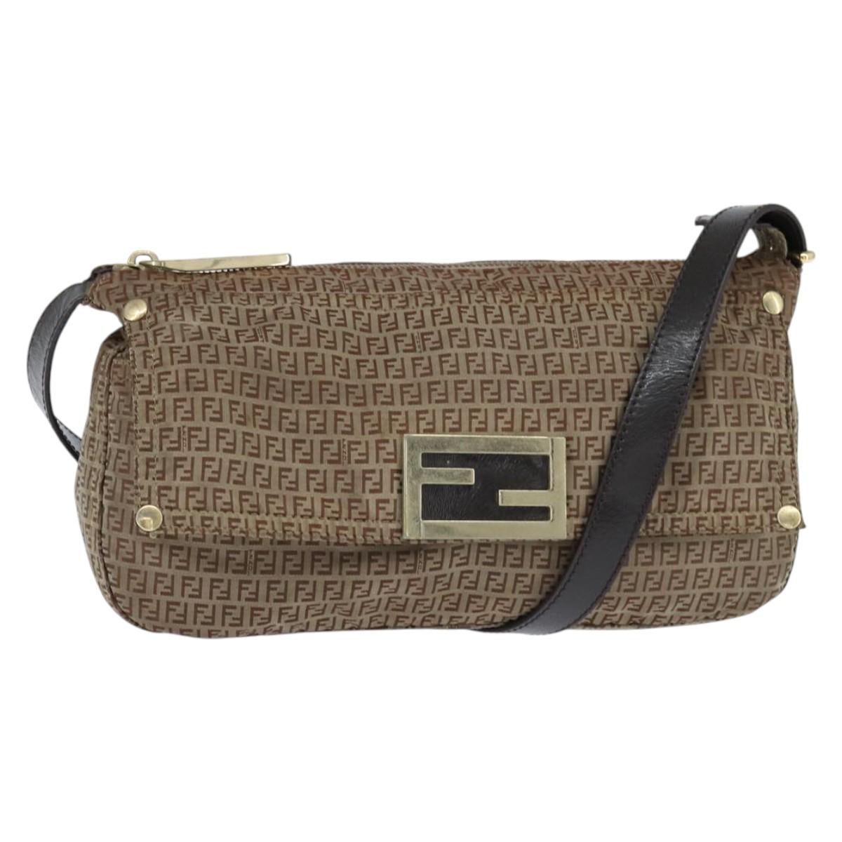 FENDI Zucchino Canvas Shoulder Bag Nylon Beige Gold Auth bs30474