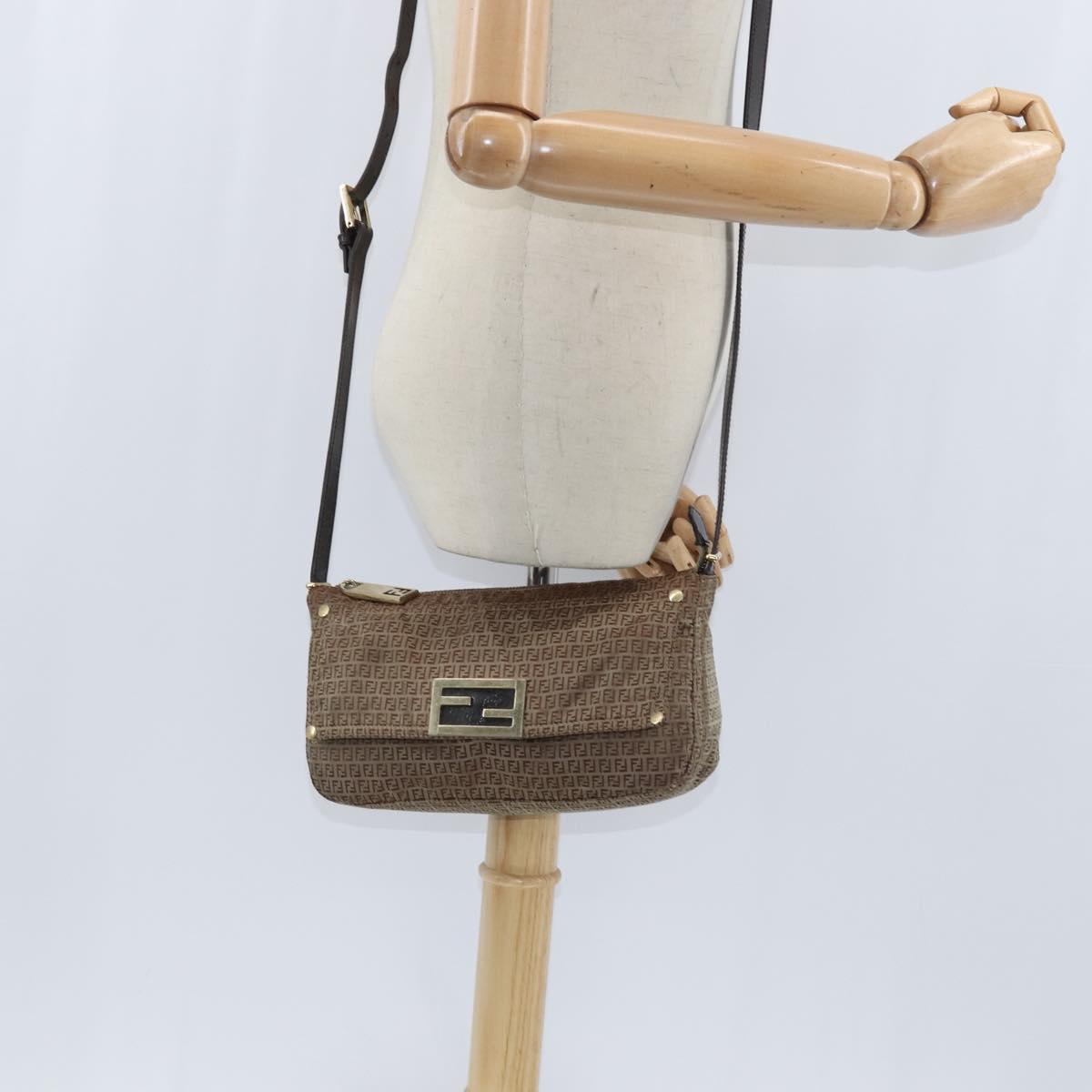 FENDI Zucchino Canvas Shoulder Bag Nylon Beige Gold Auth bs30474