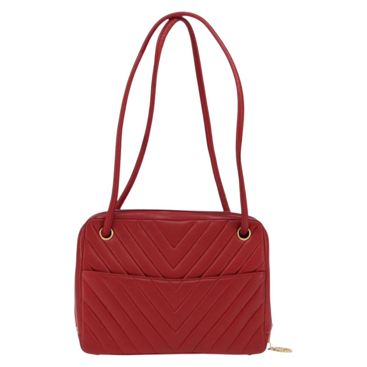 CHANEL V Stitch Shoulder Bag Lamb Skin Red Gold CC Auth bs30476