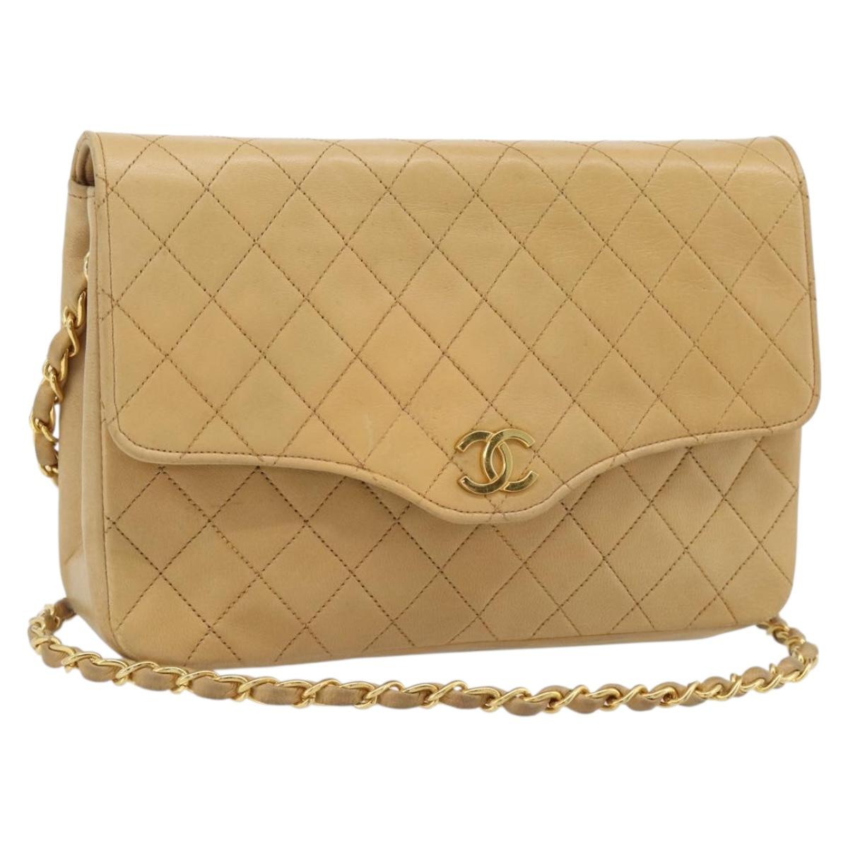 CHANEL Matelasse Chain Shoulder Bag Lamb Skin Beige Gold CC Auth bs30479