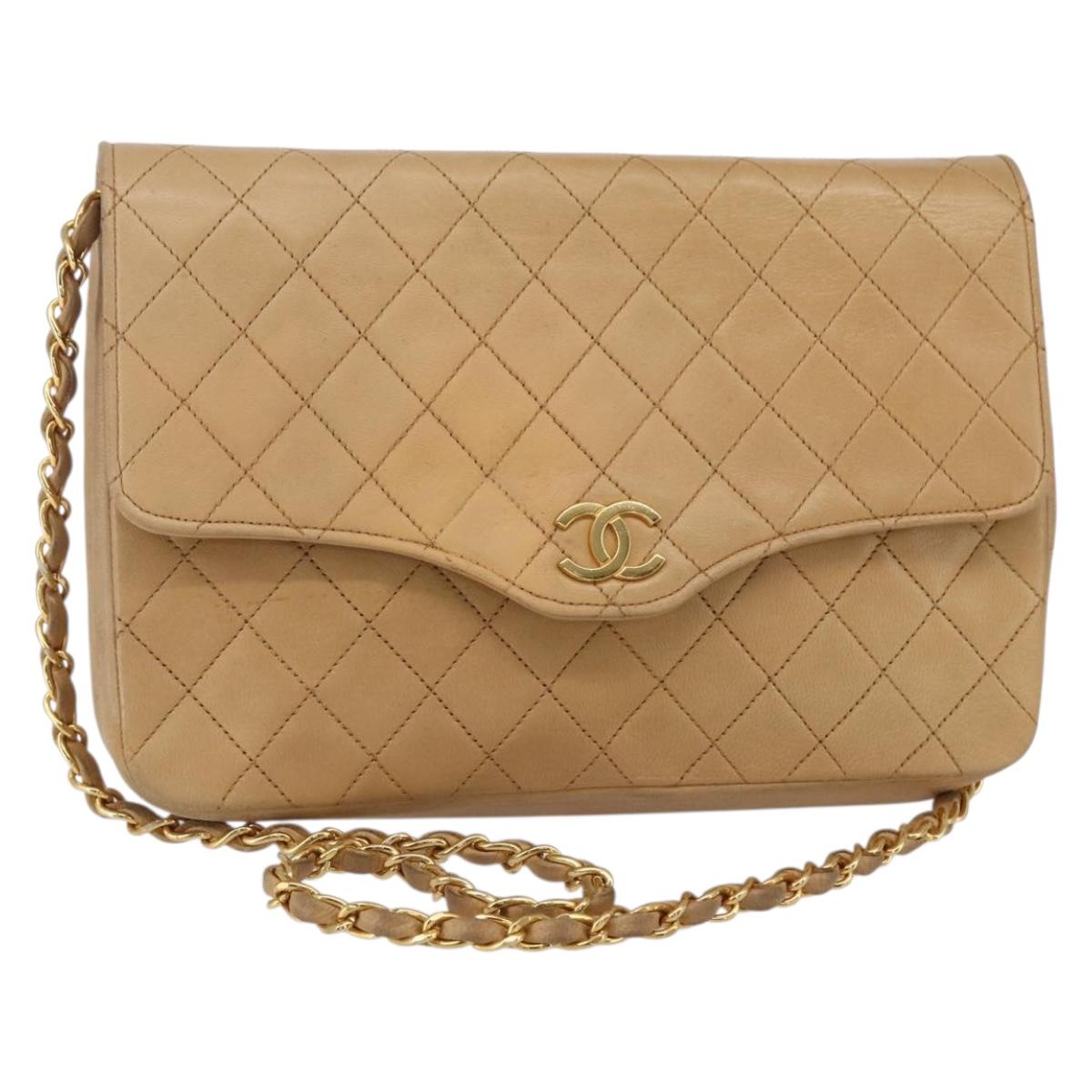 CHANEL Matelasse Chain Shoulder Bag Lamb Skin Beige Gold CC Auth bs30479