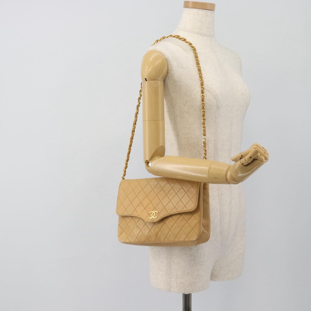 CHANEL Matelasse Chain Shoulder Bag Lamb Skin Beige Gold CC Auth bs30479