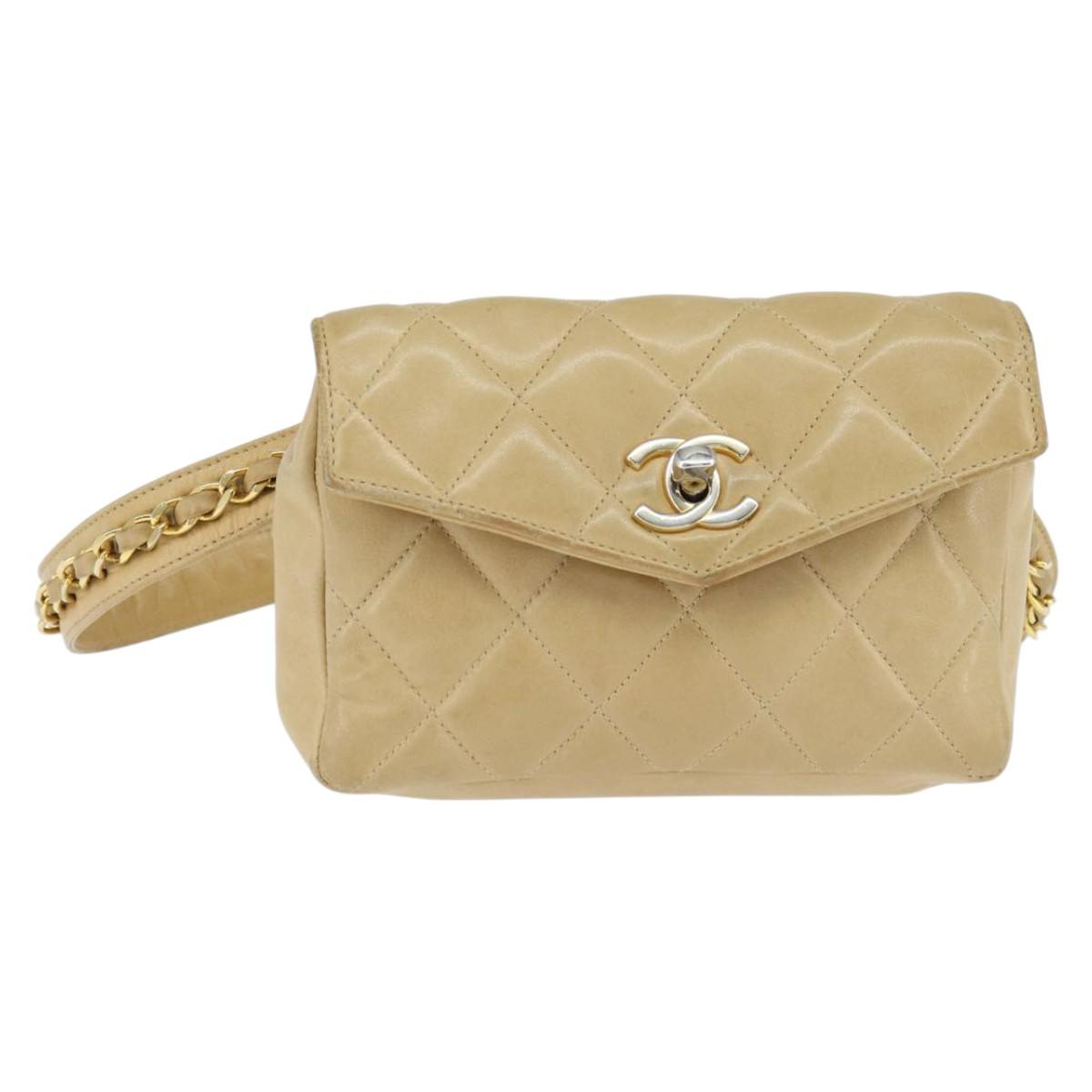 CHANEL Matelasse Waist Pouch Lamb Skin Beige Gold CC Auth bs30480