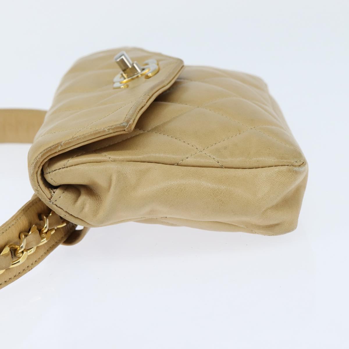 CHANEL Matelasse Waist Pouch Lamb Skin Beige Gold CC Auth bs30480