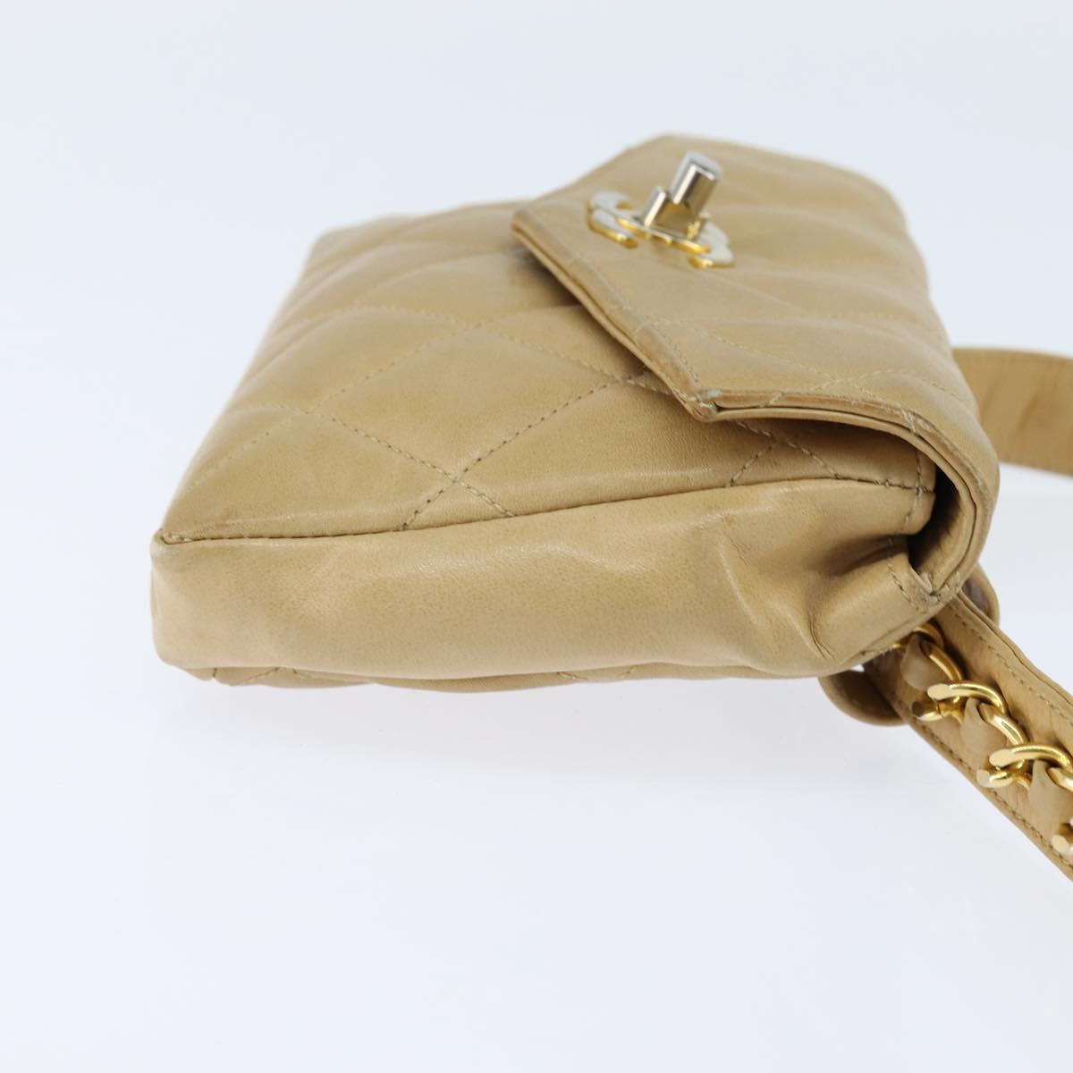 CHANEL Matelasse Waist Pouch Lamb Skin Beige Gold CC Auth bs30480