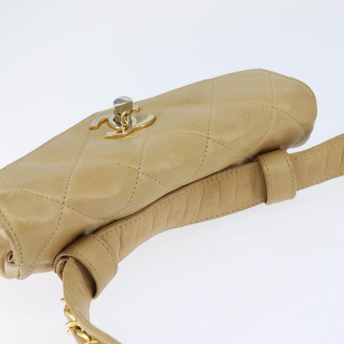 CHANEL Matelasse Waist Pouch Lamb Skin Beige Gold CC Auth bs30480