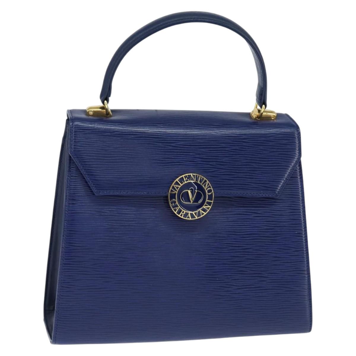 VALENTINO Medal Hand Bag Leather Blue Gold Auth bs30482