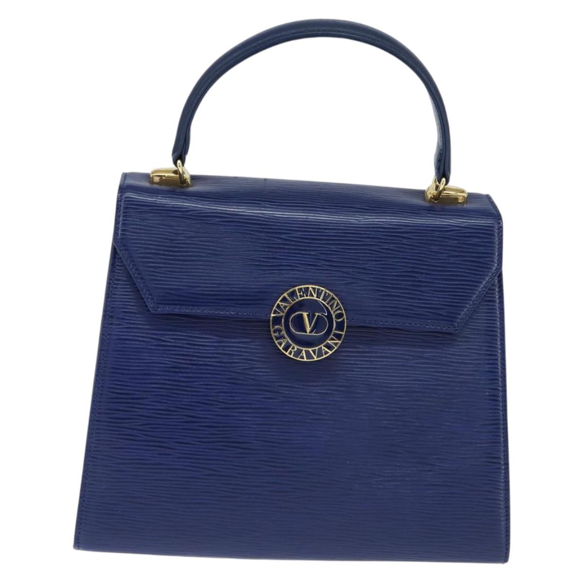 VALENTINO Medal Hand Bag Leather Blue Gold Auth bs30482