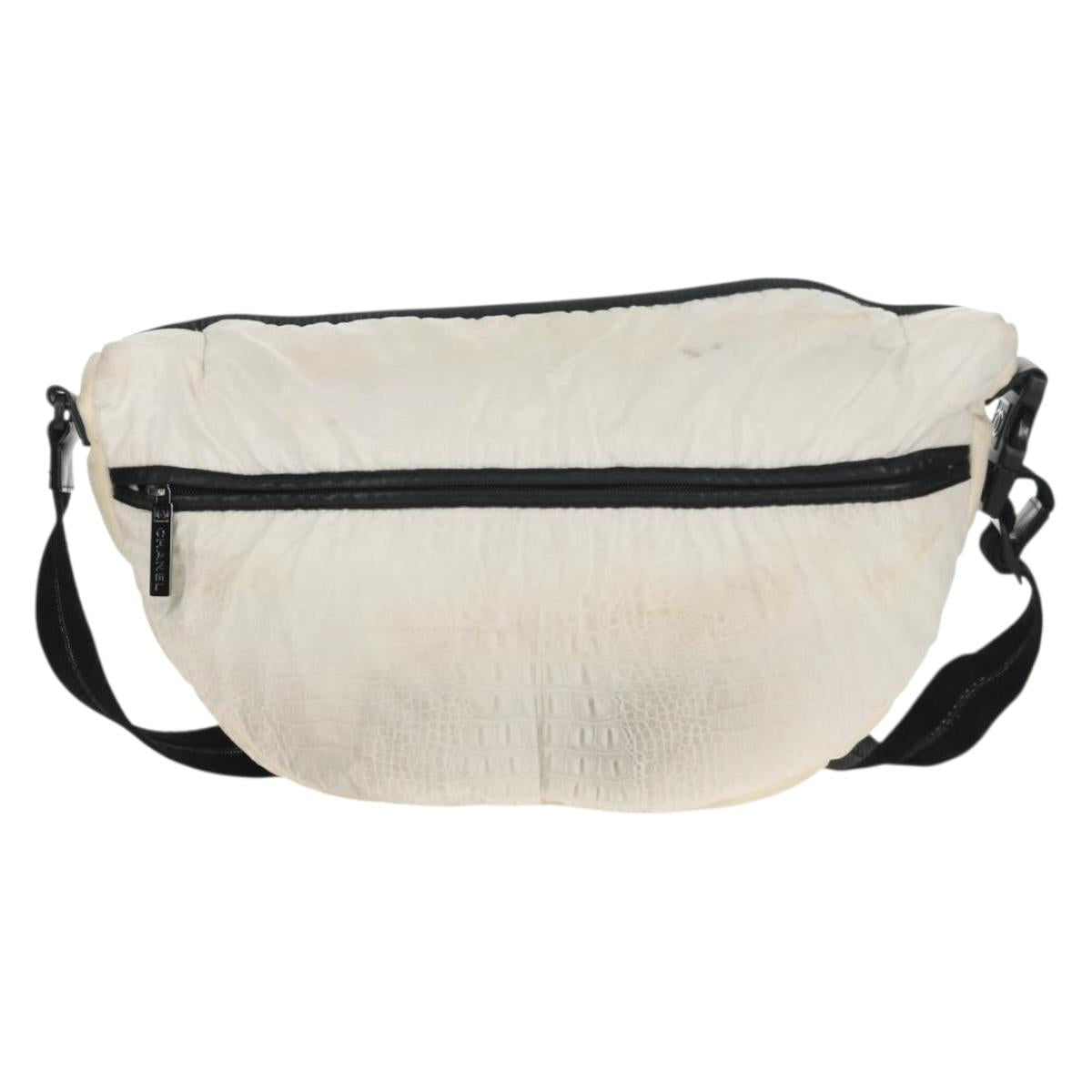 CHANEL Sports Line Shoulder Bag Nylon White Silver CC Auth bs30493