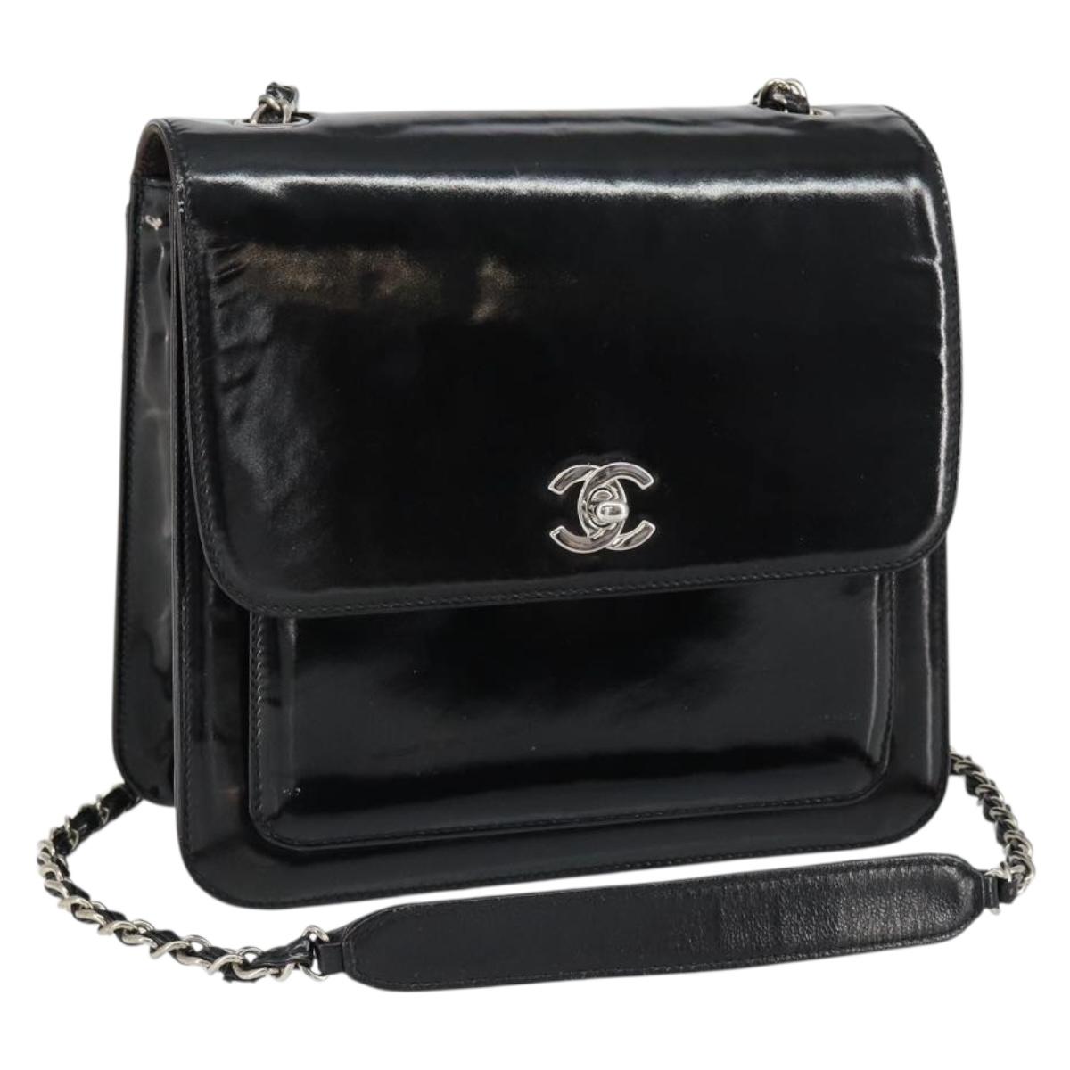 CHANEL Flap Chain Shoulder Bag Patent leather Black Silver CC Auth bs30494