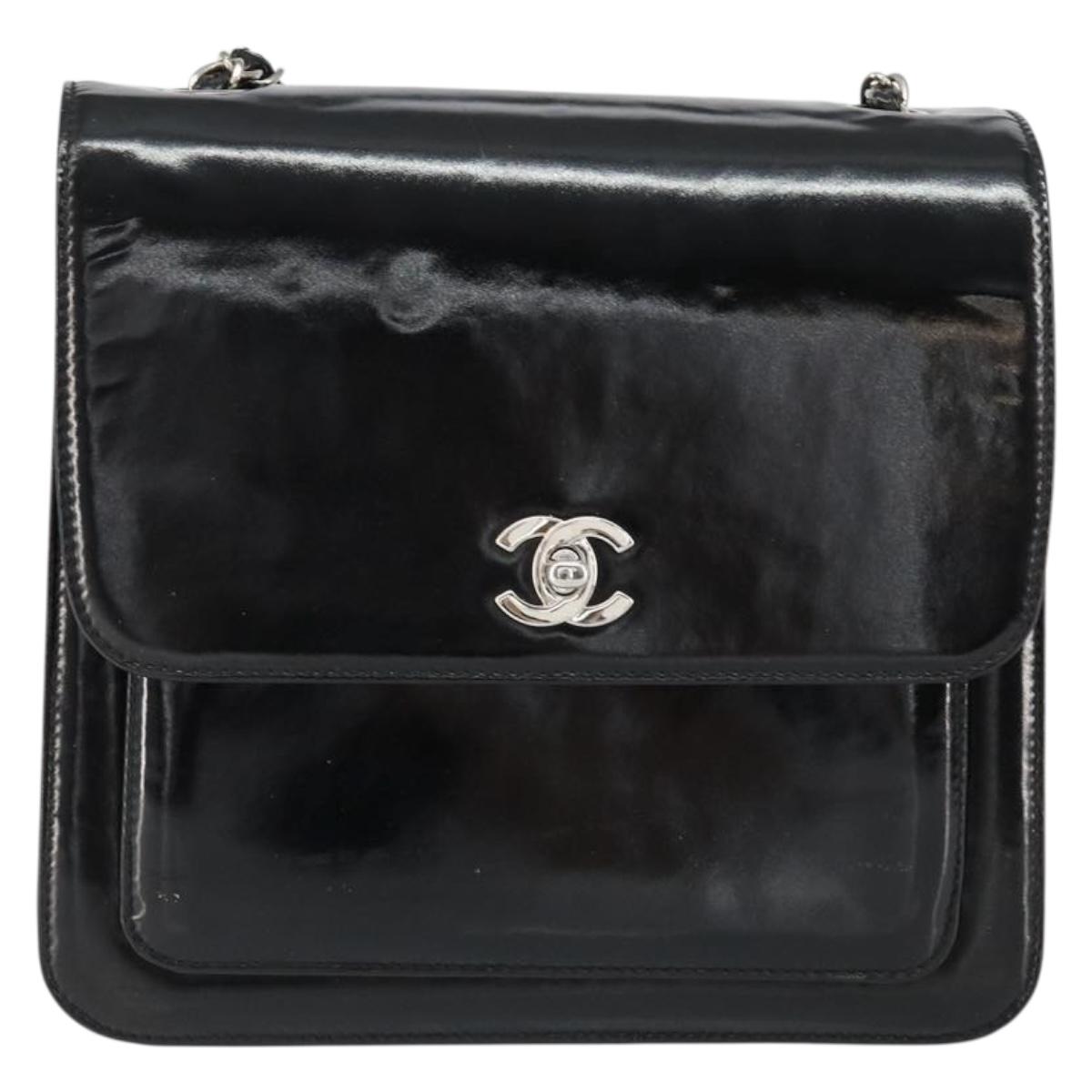 CHANEL Flap Chain Shoulder Bag Patent leather Black Silver CC Auth bs30494