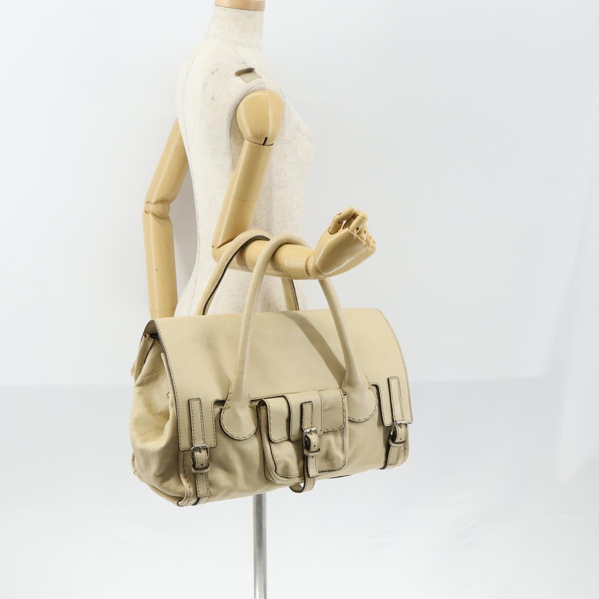 Chloe Edith Boston Bag Leather Beige Silver Auth bs30503