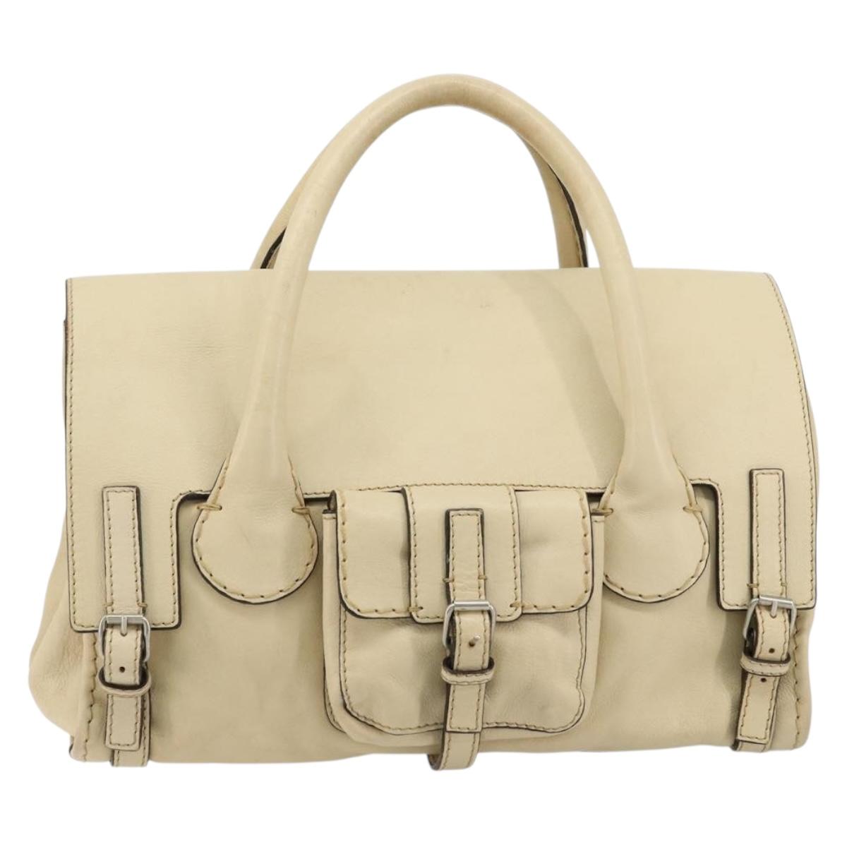 Chloe Edith Boston Bag Leather Beige Silver Auth bs30503